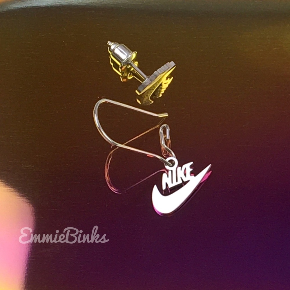 New NIKE Swoosh Stainless Steel Laser Earrings / Minimalist Nike Cutout Set - Picture 11 of 16